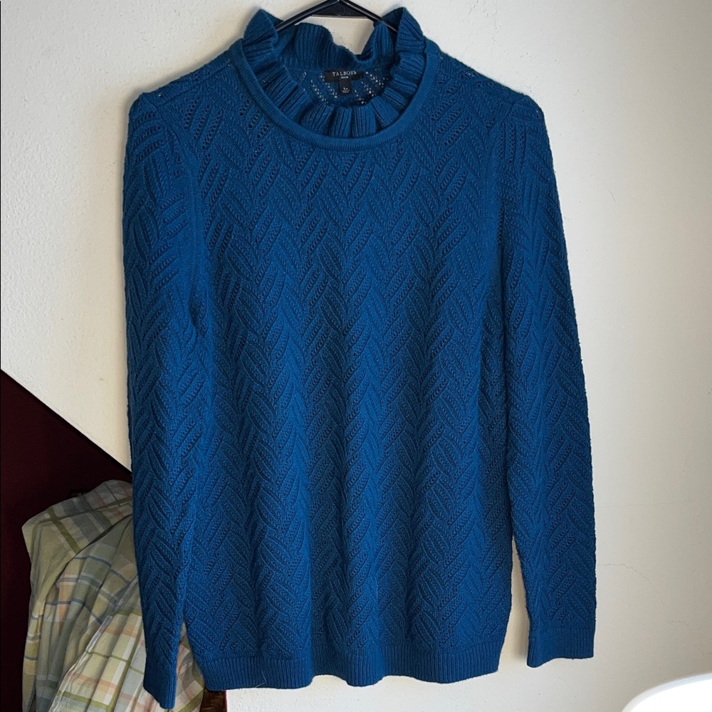 Talbots Teal Blue Woold Blend Ruffle Neck‎ Sweater Lp